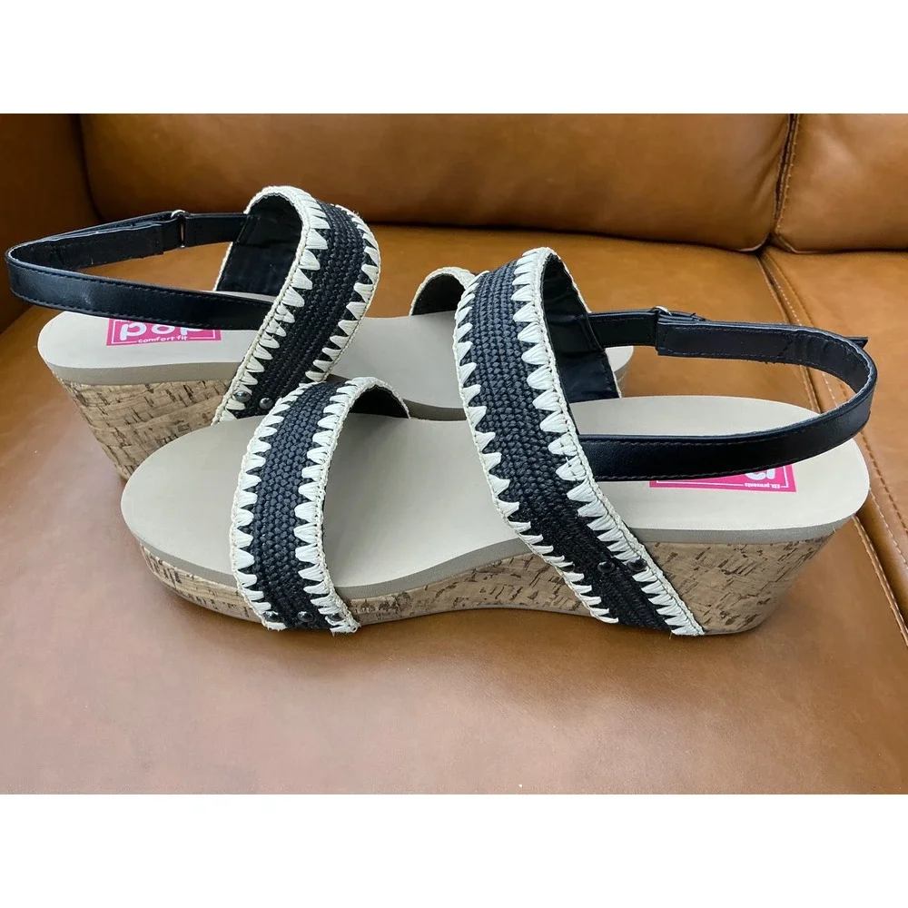 Pop‎ Kabilyn Wedge Sandals Women's 11 Black Woven Cork Strappy Whipstitch